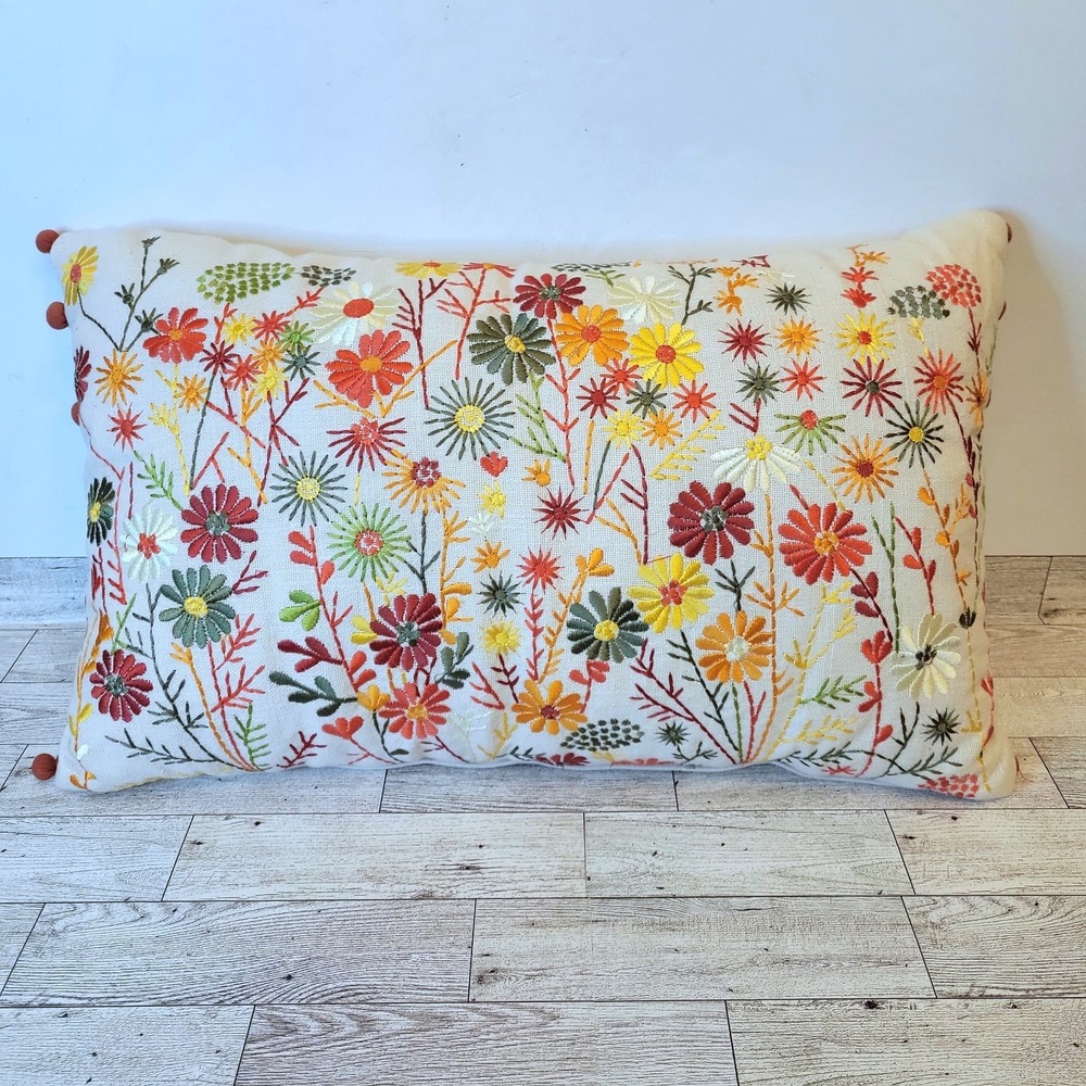 Garnet Hill Flower Garden Embroidered Pillow Lumbar Solid Pom Trims Cotton 21x13